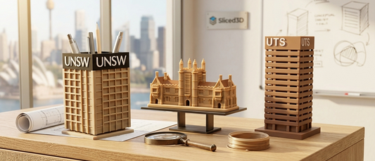 3D printed Sydney university building models including UTS Tower and UNSW desk organiser, unique graduation gift ideas in Australia